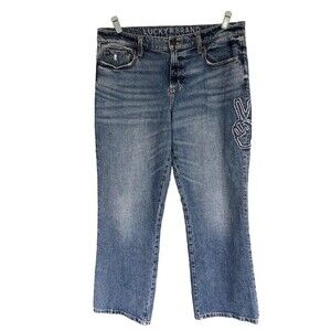 Lucky Brand Easy Rider Bootcut Jeans Womens 14/32 Peace Patchwork Boho Festival